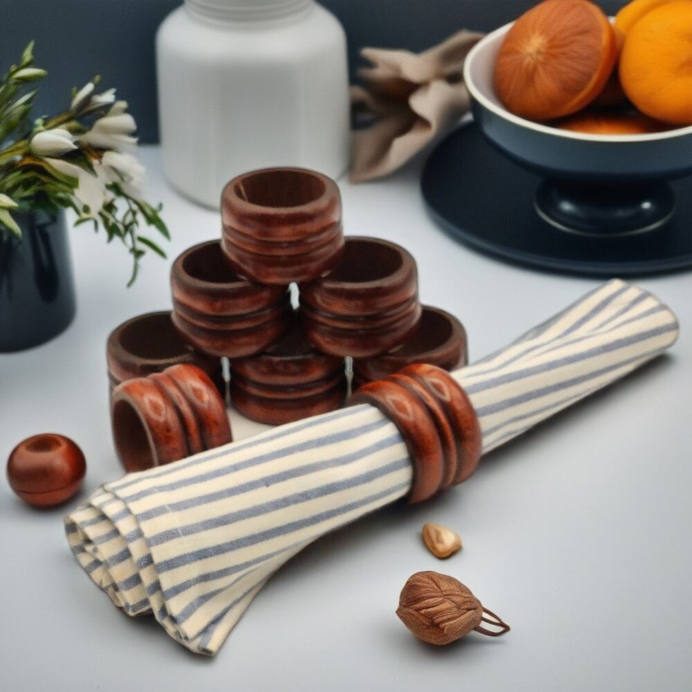 Vintage Ribbed Wood Napkin Rings Set of 8 Dark Brown Rustic Dining Table Decor